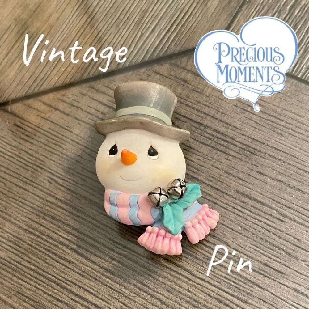Vintage Precious Moments Snowman Figurine with Pink and Blue Scarf Holiday Pin